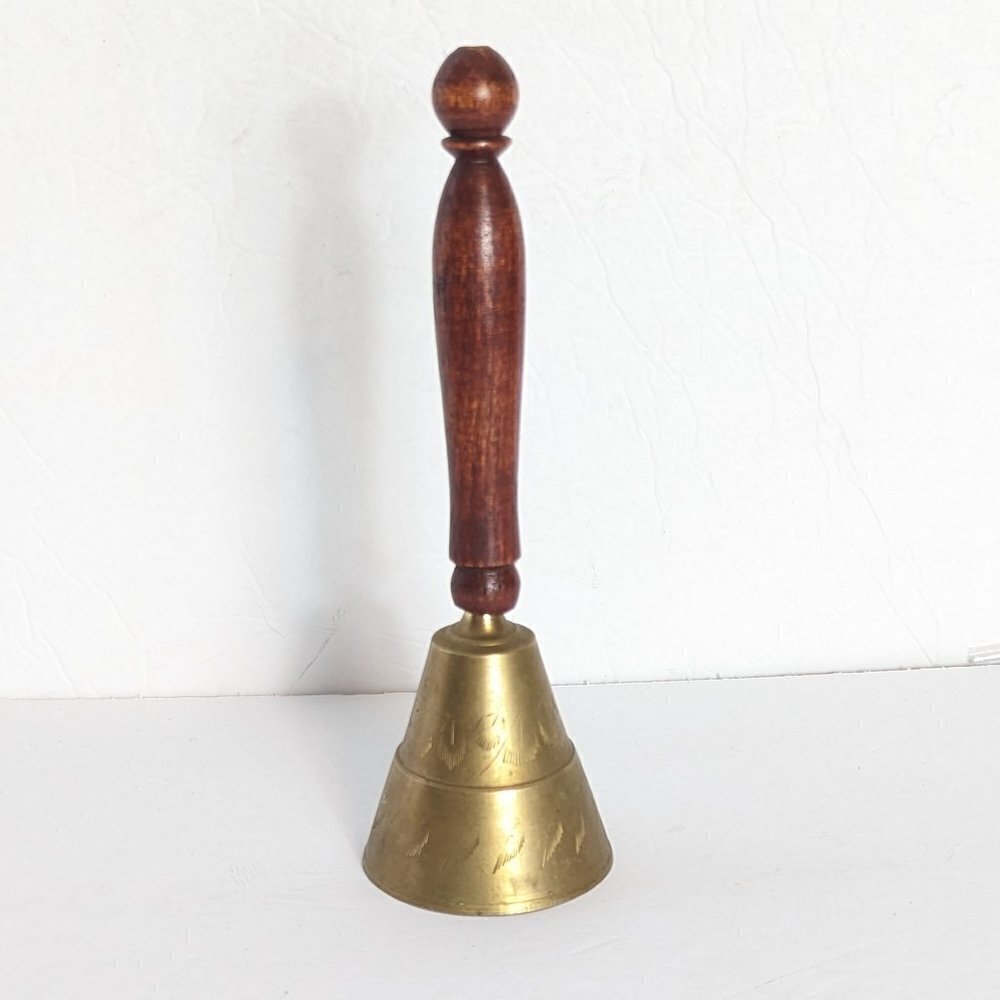 Vintage Brass Etched Bell Wood Handle India‎ Decor Boho